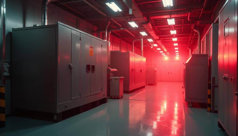 Industrial energy storage room with large battery cabinets illuminated by red emergency lighting.
